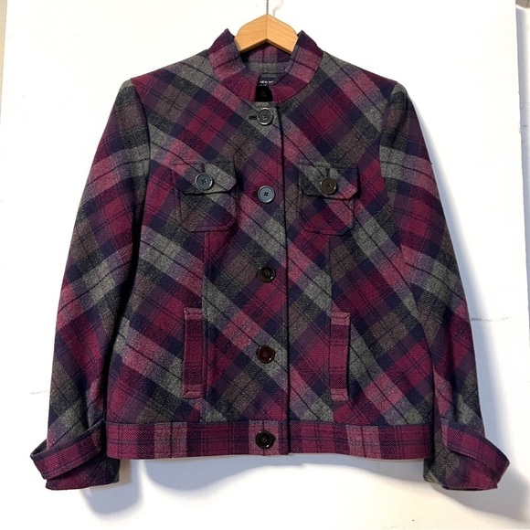 Tartan  Fall Jacket Coat Purple Plaid Button Front Jones New York Petite - Picture 2 of 9